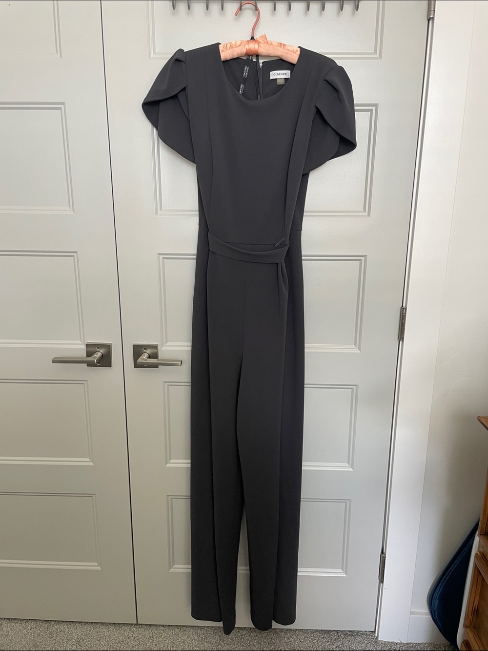 Calvin Klein Dark Gray Wide-Leg Jumpsuit with Draped Cap Sleeves